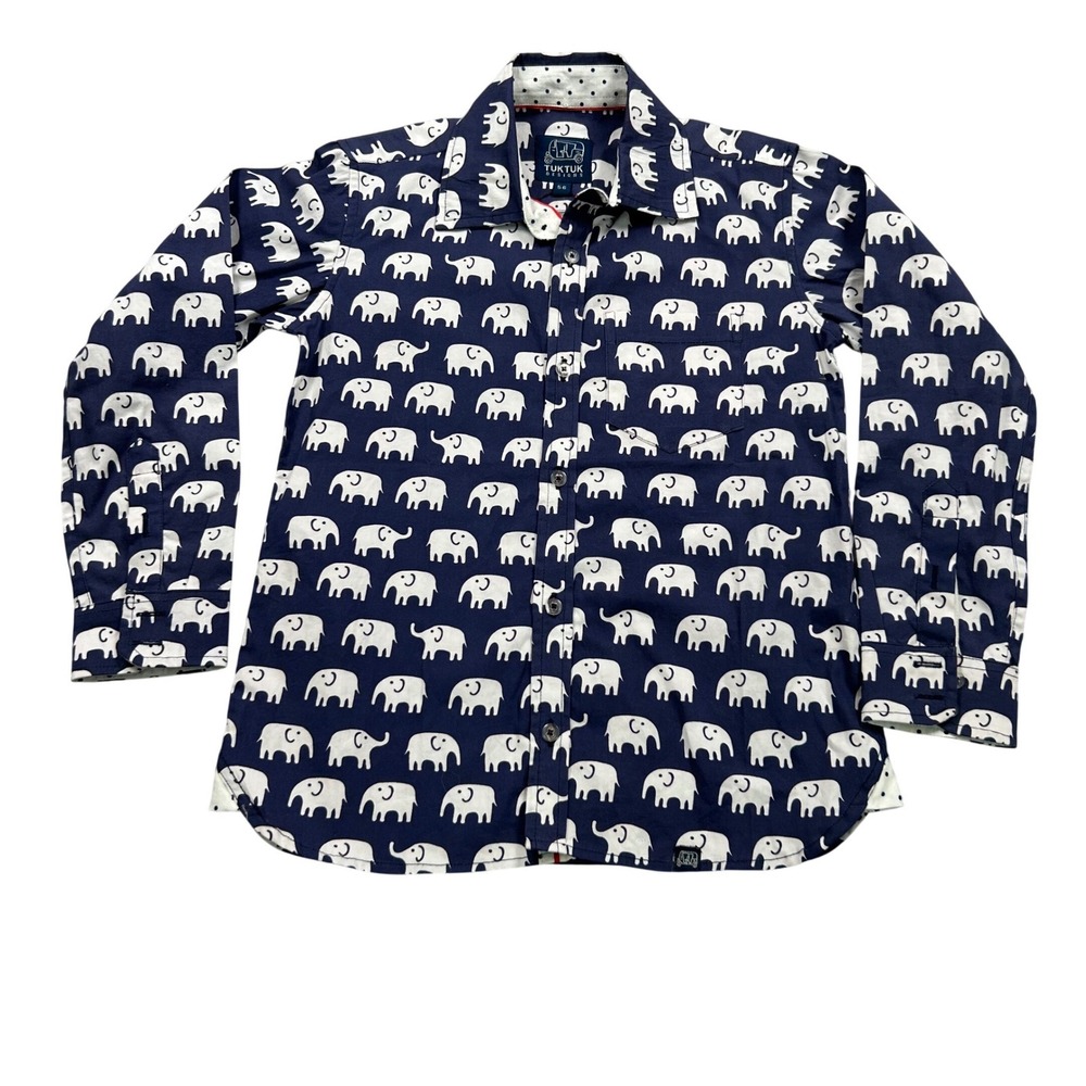TukTuk Designs Kids Navy Blue White Elephant Print Button Down Shirt Size‎ 5-6